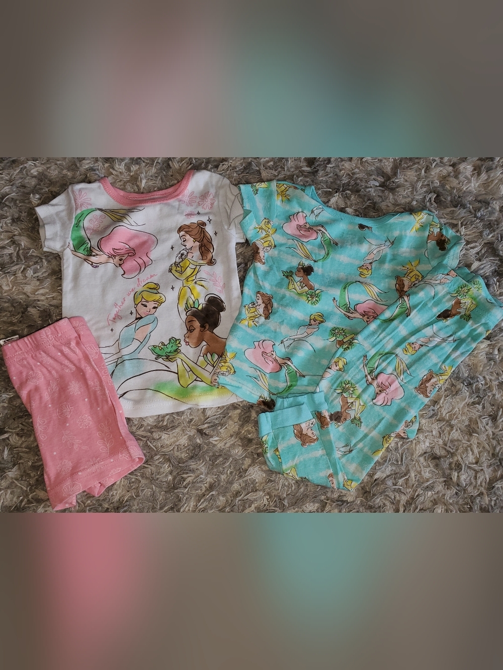 2T Disney Princess Pink and Aqua Short Sleeve Pajama Set with Matching Shorts